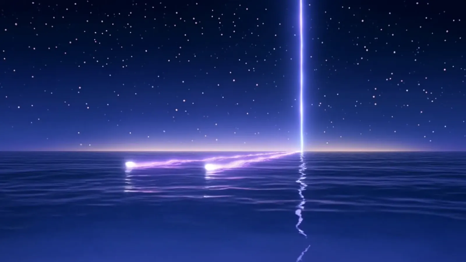 Two ribbons of pearl-violet light racing across a still night sea toward a falling thread of light.